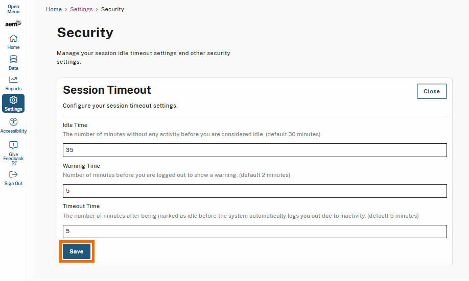 The "Save" button in the Session Timeout section of the Security settings page is highlighted. Selecting this button saves any changes made to the session timeout settings, including idle time, warning time, and automatic logout time.