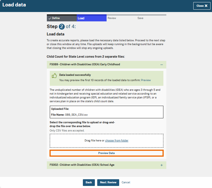 Highlighted blue 'Preview Data' button that allows users to preview the first 10 records of the uploaded file before proceeding.