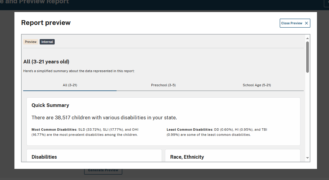 Modal displaying a live preview of an internal report. 