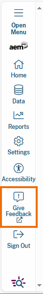 Highlighted "Give Feedback" menu item in the left navigation menu. This button, represented by a speech bubble icon, allows users to provide feedback about their experience with the application.