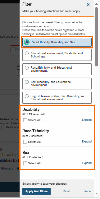 A filter panel is open on the right side of the screen, displaying preset filter options at the top. The selected preset filter, "Race/Ethnicity, Disability, and Sex," is highlighted. Below, the panel shows expandable filter sections for Disability, Race/Ethnicity, and Sex, each with "Select All" checkboxes and "Expand" options for more detailed selections. At the bottom, buttons for "Apply and Close," "Reset," and "Cancel". A scroll bar on the right enables navigation through the panel.