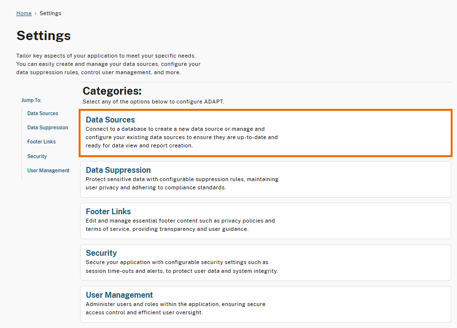 The Settings page displays different configuration categories. The Data Sources section is highlighted, providing options to connect to a database, create new data sources, or manage and configure existing ones. 