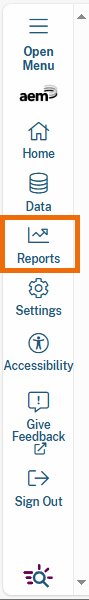 Highlighted 'Reports' menu item in the left navigation menu. This button, represented by a line chart icon. 