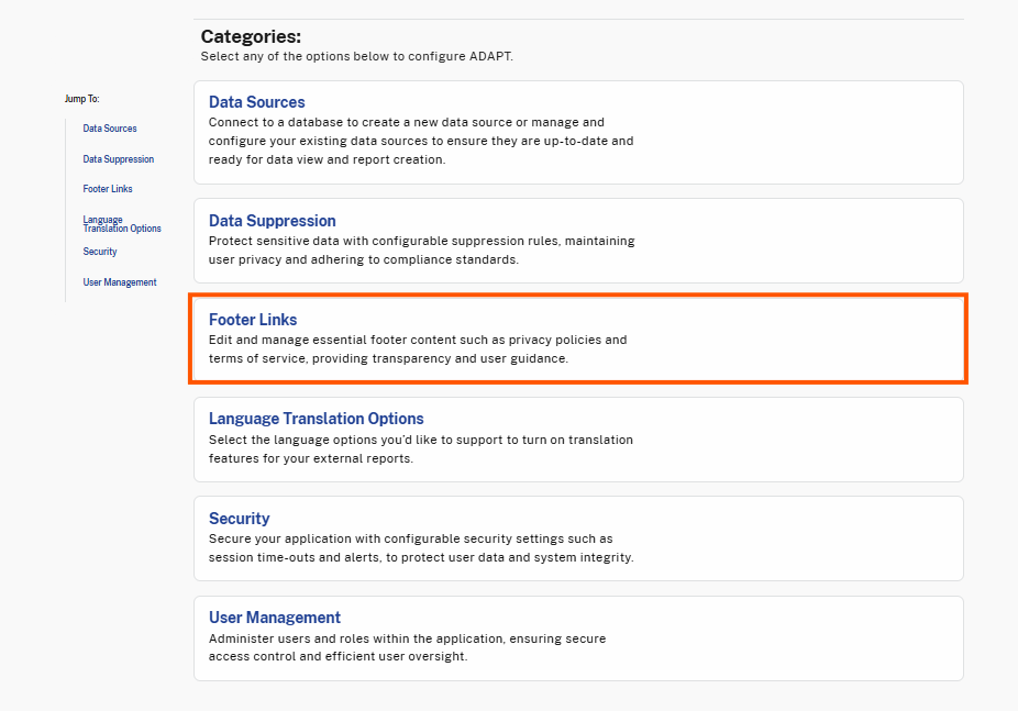 The Footer Links section is highlighted, allowing users to edit and manage essential footer content, including privacy policies and terms of service, ensuring transparency and user guidance.