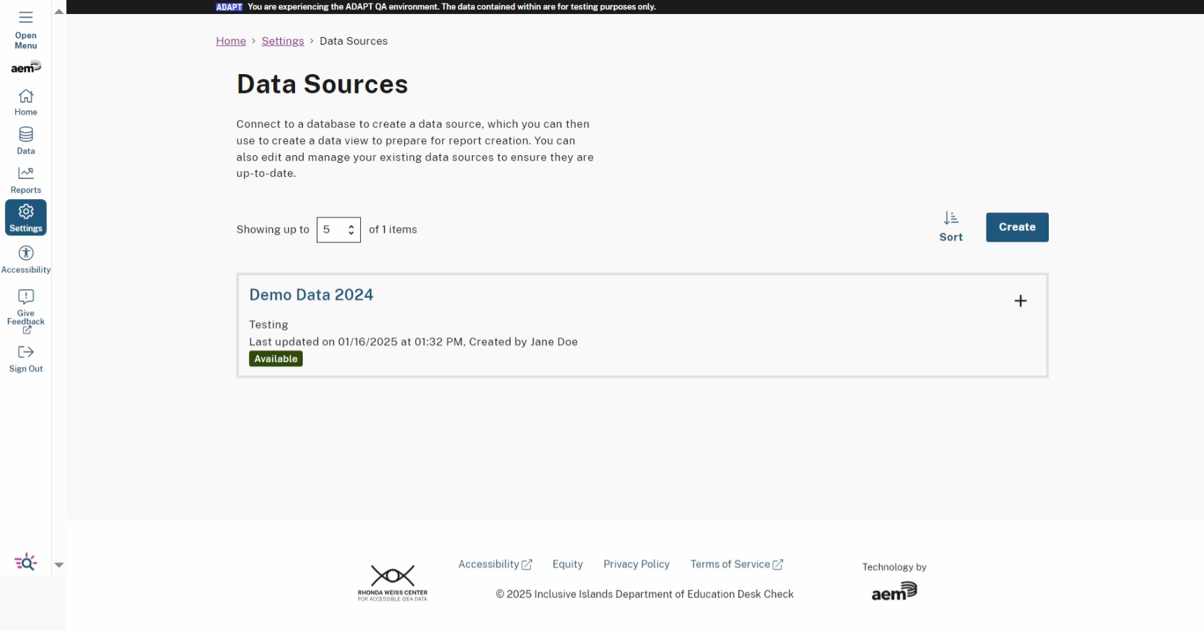 Data Sources page showing one data source titled 'Demo Data 2024' with a status of 'Available.' The page includes options to sort or create a new data source, with navigation links and footer information visible at the bottom.