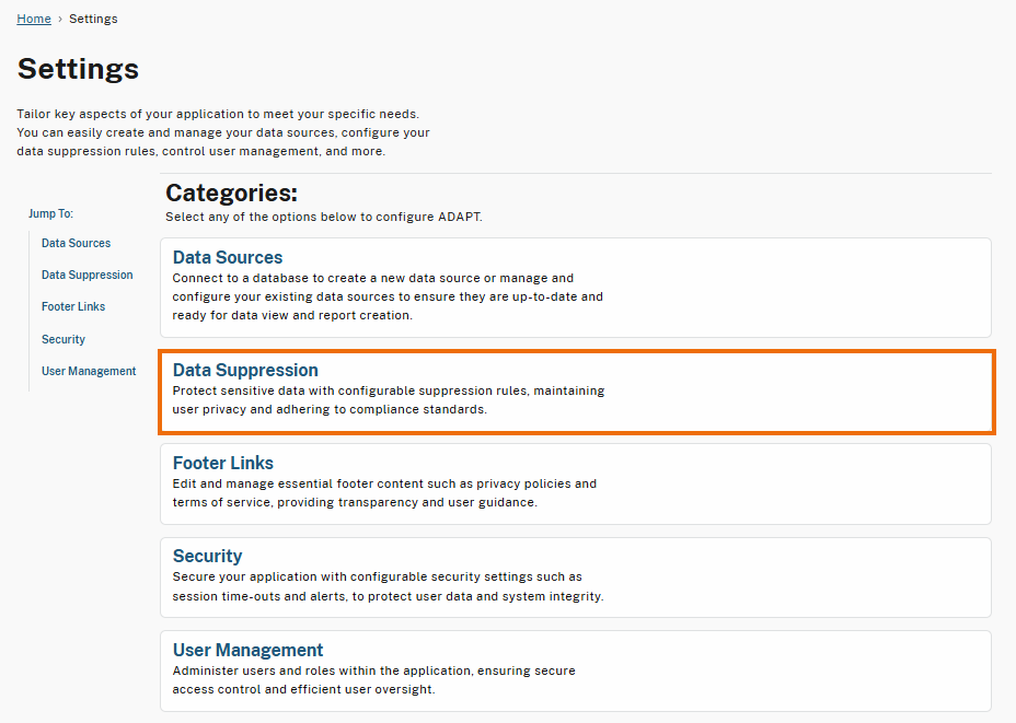 The Data Suppression section is highlighted, providing options to protect sensitive data using configurable suppression rules.