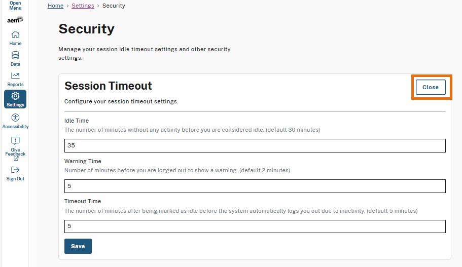 The Security settings page displays the Session Timeout configuration options. The Close button, highlighted in the upper right corner, allows users to collapse and hide the session timeout settings