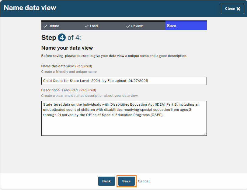Highlighted "Save" button on the "Step 4: Name your data view" screen. The user can save the data view after filling out the required fields