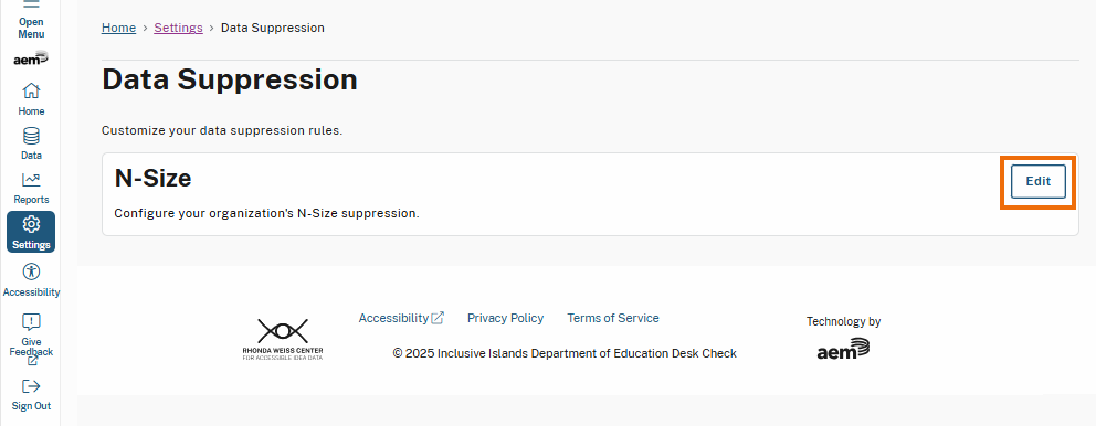 The Data Suppression page allows users to configure suppression rules. The Edit button is highlighted in the upper right corner, allowing users to modify the N-Size suppression settings for their organization.