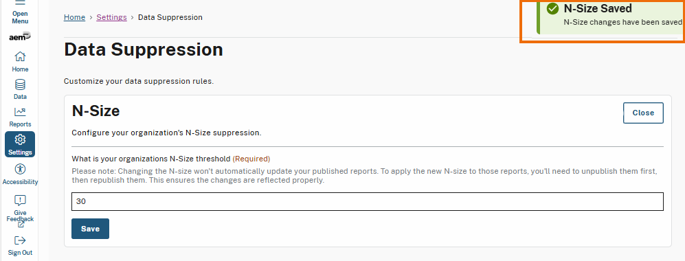 A green success message banner at the top right of the Data Suppression page is highlighted, displaying "N-Size Saved" with a confirmation message indicating that N-Size changes have been successfully saved.