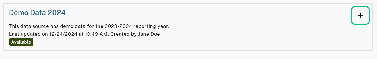 Item in the list titled 'Demo Data 2024' with basic information displayed and the 'plus' icon highlighted on the right, indicating it can be clicked to expand for additional details and actions.