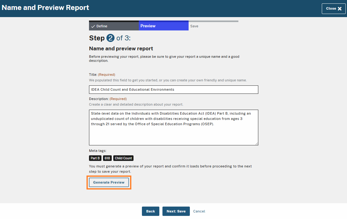 Step 2 of 3: The 'Generate Preview' button is highlighted, prompting you to generate a preview of your report.