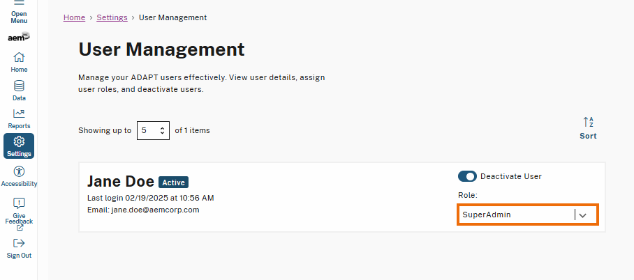 The User Management page displays a list of users with their details and role assignments. The Role dropdown field is highlighted, showing the user's current role as SuperAdmin with a dropdown arrow. 