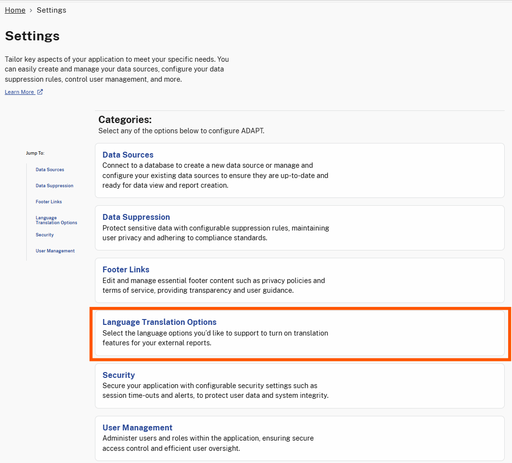 The Language Translation Options section is highlighted, providing options to set a language for an organization.