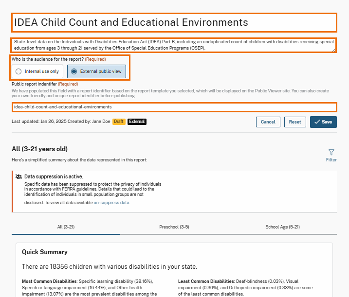 	The highlighted fields indicate editable sections where users can update the report title, description, audience, and public report identifier. 