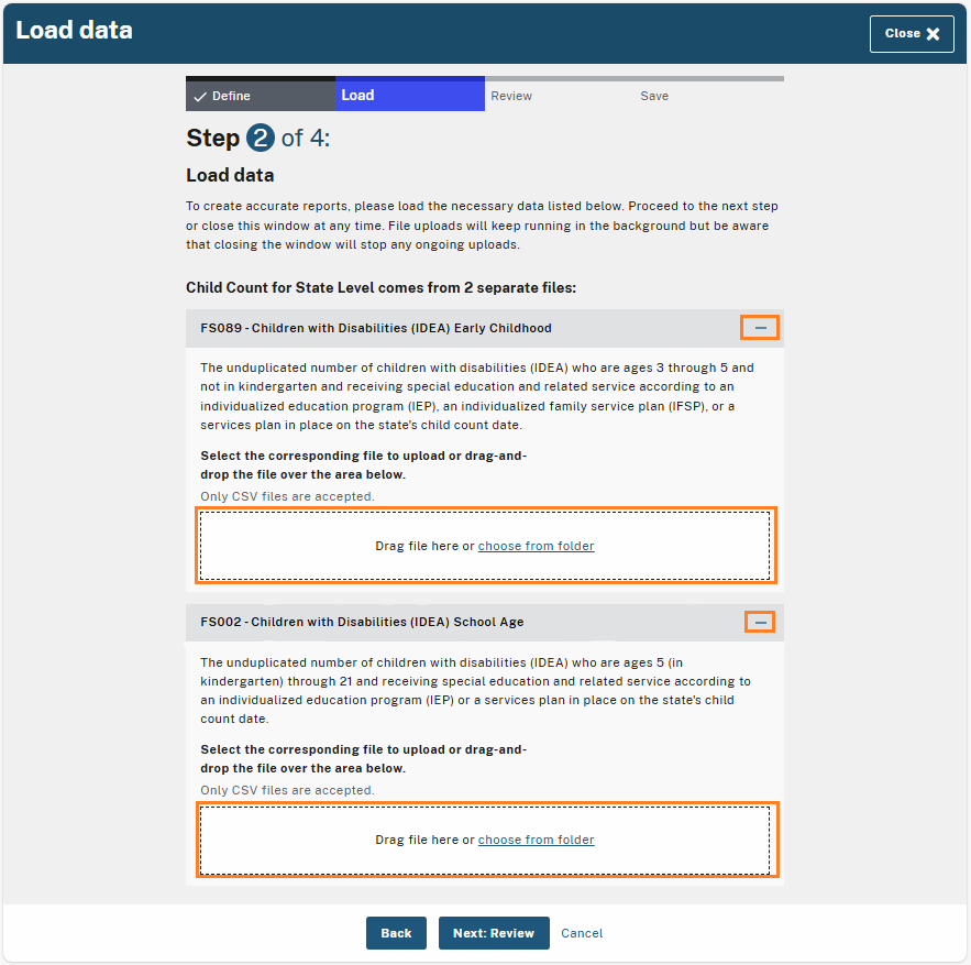 Step 2 of 4: Load data' screen highlighting two expandable sections for uploading files. Each section is labeled with the required data type ('FS089 - Children with Disabilities (IDEA) Early Childhood' and 'FS002 - Children with Disabilities (IDEA) School Age'). Each section includes a drag-and-drop upload box and a 'choose from folder' link for uploading CSV files.
