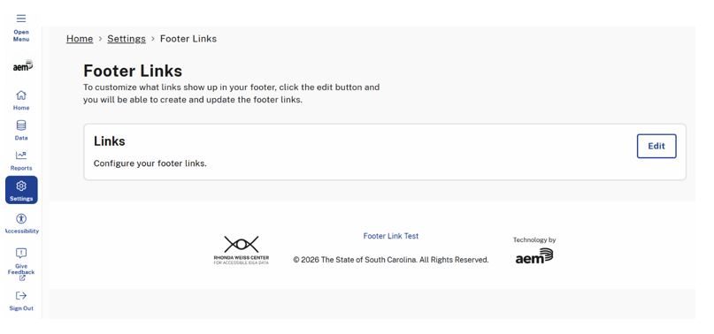 The Footer Links page where users can customize the links displayed in the footer. The highlighted "Edit" button allows users to modify existing footer links, add new ones, and configure their settings, including link labels, URLs, external options, and icons.