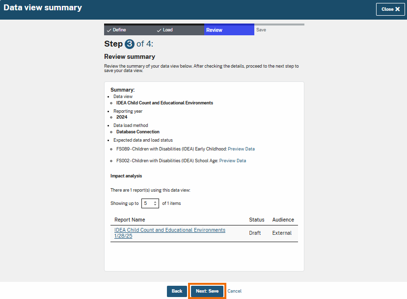Highlighted blue 'Next: Save' button that allows users to proceed to the final step to save their data view after reviewing the summary.