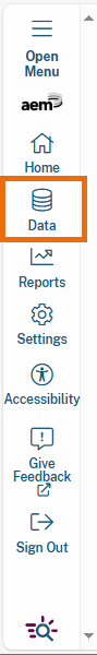 Highlighted 'Data' menu item in the left navigation menu. This button, represented by a stacked database icon. 