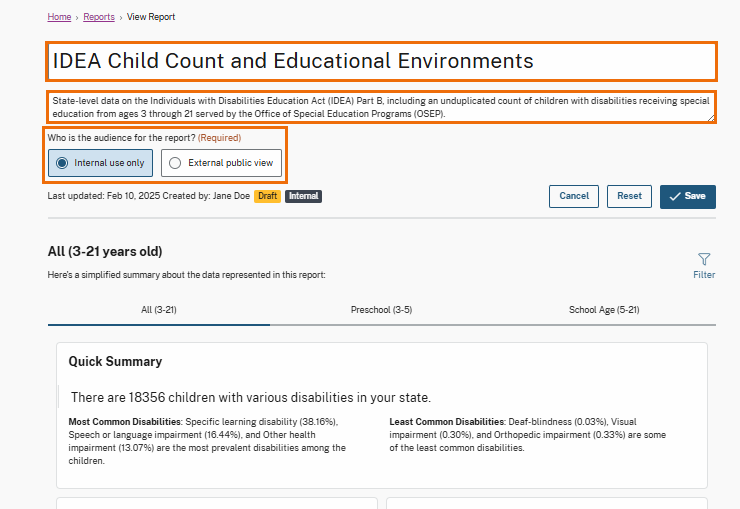 The highlighted fields indicate editable sections where users can update the report title, description, and audience.