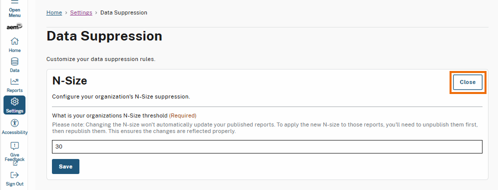 The Data Suppression page displays the N-Size configuration settings and a highlighted "Close" button to collapse and hide the N-Size field. 