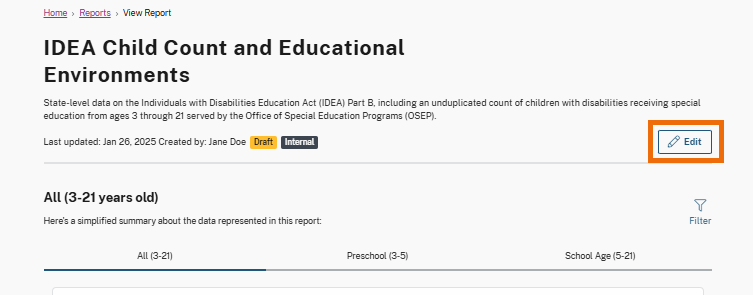 A report page titled "IDEA Child Count and Educational Environments". The "Edit" button is highlighted in the upper right corner of the page.