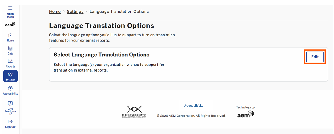 The Language Translation Options page allows users to set a language. The Edit button is highlighted in the upper right corner, allowing users to select language(s) their organization.