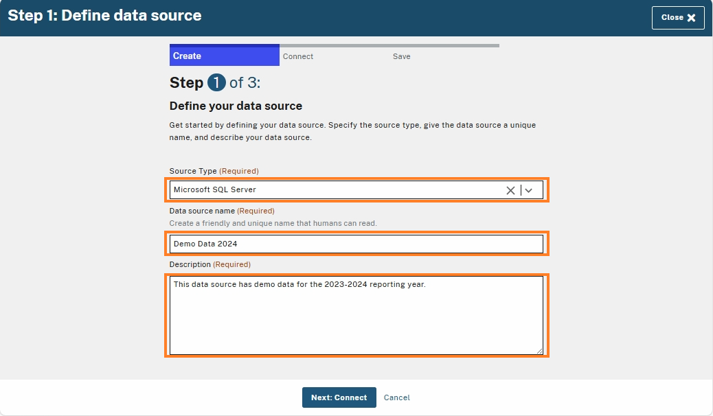 Step 1 of 3: Define data source. Required fields are outlined, including Source Type, Data Source Name, and Description. The user has selected 'Microsoft SQL Server,' entered 'Demo Data 2024,' and added a description. Buttons at the bottom: 'Next: Connect' and 'Cancel'.