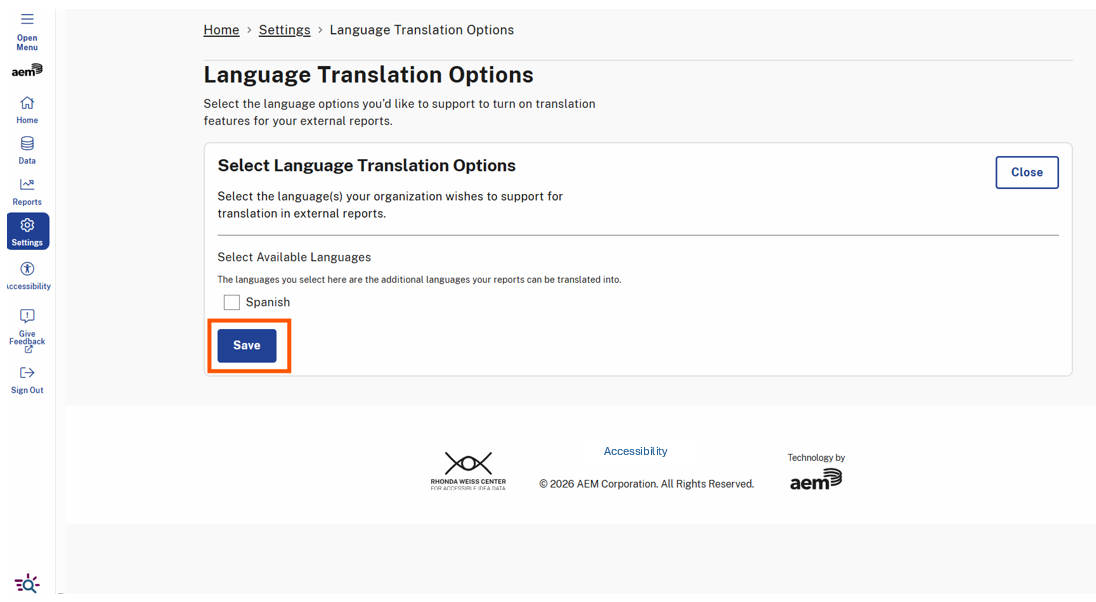 The Language Translation Options page displays a highlighted Save button that allows users to confirm and apply any changes made to language selection.