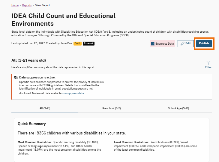 A report view displaying the 'Publish' button highlighted in the top right, allowing users to finalize and make the report publicly available.