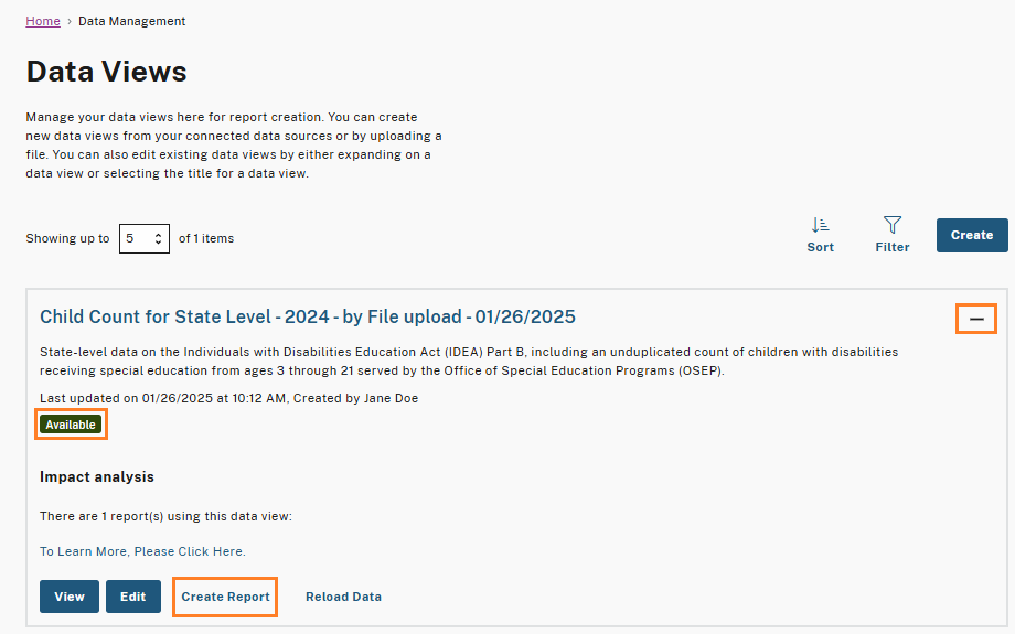 The 'Available' status and 'Create Report' button are highlighted, showing that this data view is ready for report creation.
