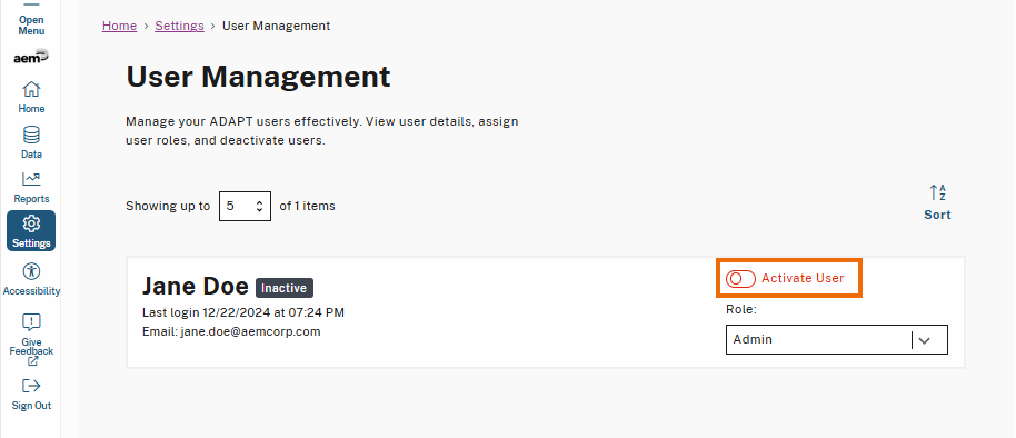 A red toggle switch labeled 'Activate User' is highlighted on the User Management page. The toggle switch is currently in the off position, indicating that the user is inactive.