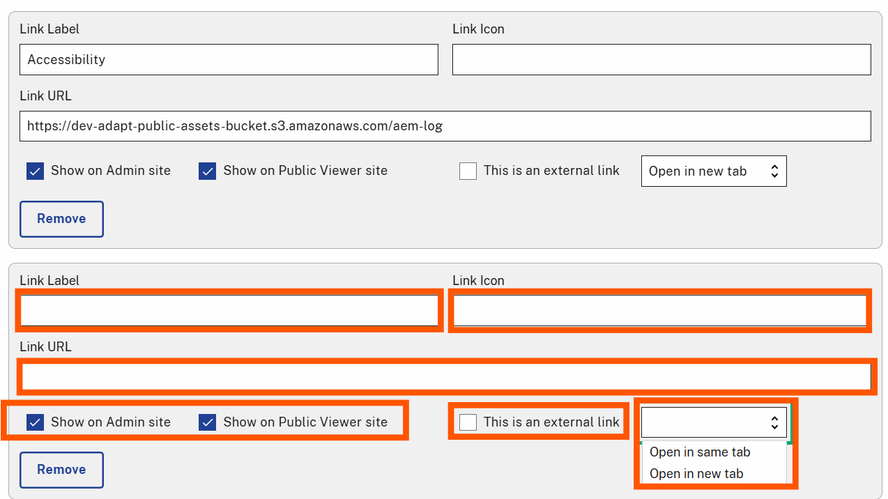 Newly added footer link fields are highlighted, including "Link Label," "Link URL," "External Link" checkbox, "Action" dropdown, and "Link Icon" field. These fields allow users to input details for a new footer link.