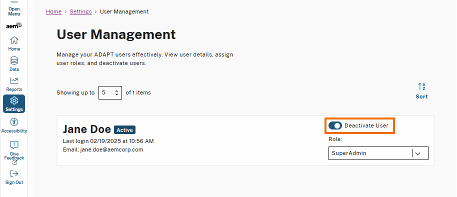A user management page displays user details, including name, email, last login time, and role. Highlighted is the "Deactivate User" toggle switch, which is currently in the active position.
