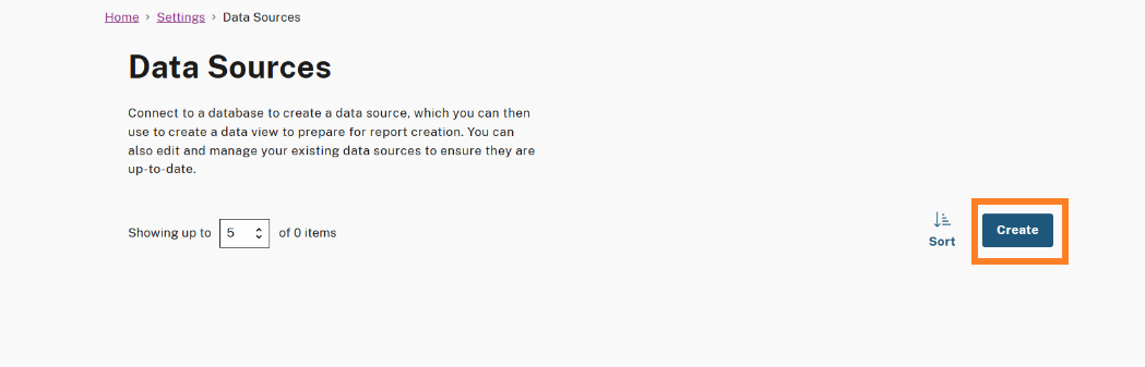 Data Sources page showing instructions to connect to a database and manage data sources. The 'Create' button is highlighted, allowing users to add a new data source.