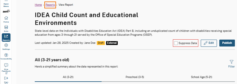 Breadcrumb navigation on the report page with 'Reports' highlighted as a clickable link to navigate back to the Reports page.