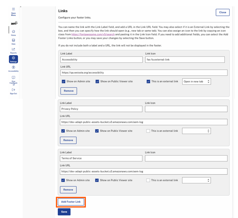 A button labeled "Add Footer Link" is highlighted at the bottom of the "Links" section. Selecting this button allows users to add a new footer link entry.