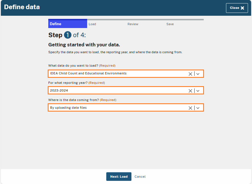 Step 1 of 4 screen titled 'Getting started with your data,' showing three highlighted required fields: 'What data do you want to load?' with 'IDEA Child Count and Educational Environments' selected, 'For what reporting year?' with '2023-2024' selected, and 'Where is the data coming from?' with 'By uploading data files' selected.