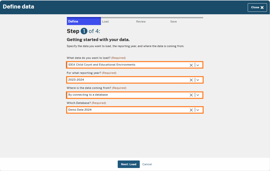 Step 1 of 4: shows highlighted fields that indicate required selections. Highlighted fields include 'What data do you want to load?', 'For what reporting year?', 'Where is the data coming from?', and 'Which Database?'. The 'Next: Load' button is available at the bottom.