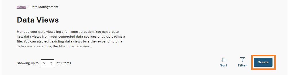 Data Views page showing instructions to create and manage data views. The 'Create' button is highlighted, allowing users to add a new data view.