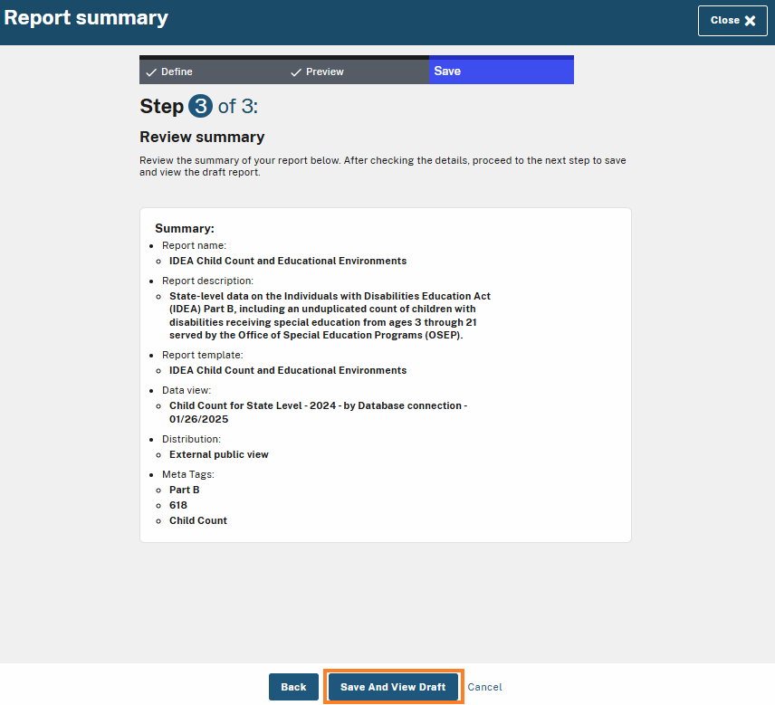 Highlighted 'Save And View Draft' button to proceed and save the report.