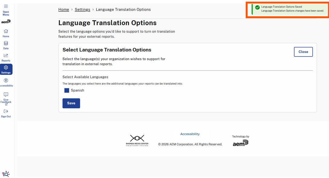 A green success message banner at the top right of the Language Translation Options page is highlighted, displaying "Language Translation Options Saved" with a confirmation message indicating that set language(s) have been successfully saved.