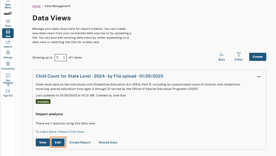 Data view card titled 'Child Count for State Level - 2024 - by File upload - 01/26/2025,' displaying its status as 'Available.' An 'Edit' button is highlighted, allowing users to modify the data view details or settings.