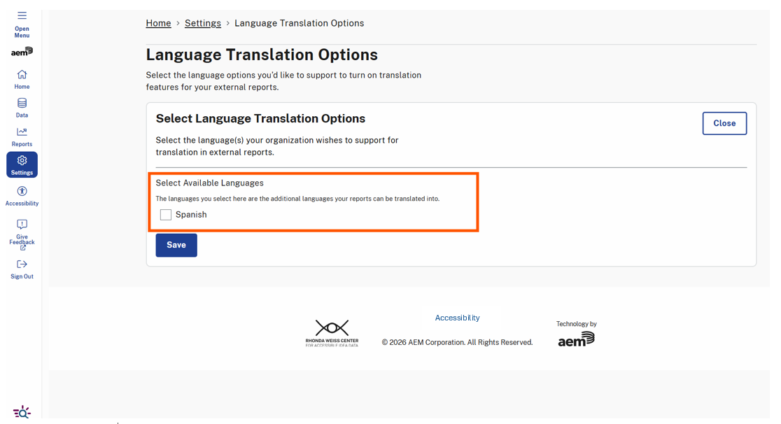 The Language Translation Options page displays Select Language Translation Options, allowing users to set a language for their organization to view external reports. The highlighted text shows languages that can be selected other than English.
