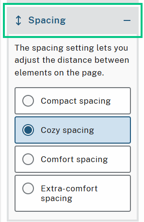 Spacing settings with options for Compact, Cozy (default), Comfort, or Extra-comfort spacing.
