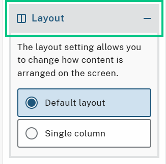 Layout settings with options for Default layout or Single column layout.