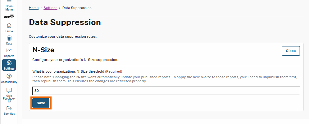 The Data Suppression page displays a highlighted Save button that allows users to confirm and apply any changes made to the N-Size value.