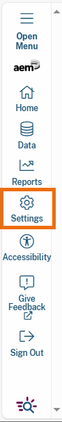 Highlighted "Settings" menu item in the left navigation menu. This button, represented by a gear icon, provides access to configuration options and preferences for the application.