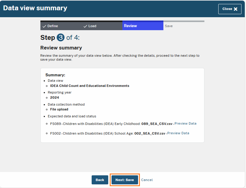 Highlighted "Next: Save" button at the bottom of the "Step 3: Review summary" page.