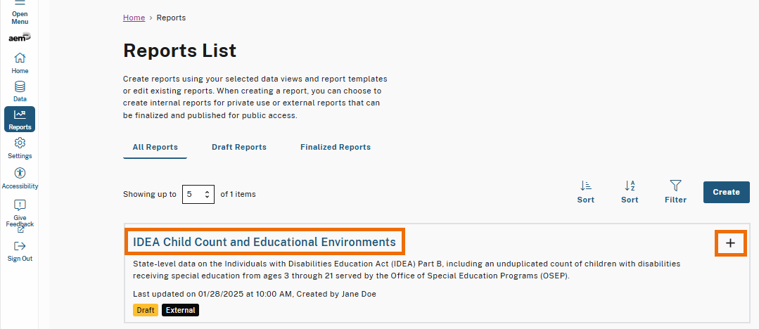 The Reports List page with the report title 'IDEA Child Count and Educational Environments' highlighted, along with an expand (plus) icon to reveal more information about the external report.